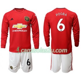 Camisolas de Futebol Manchester United Pogba 6 Criança Equipamento Principal 2019/20 Manga Comprida